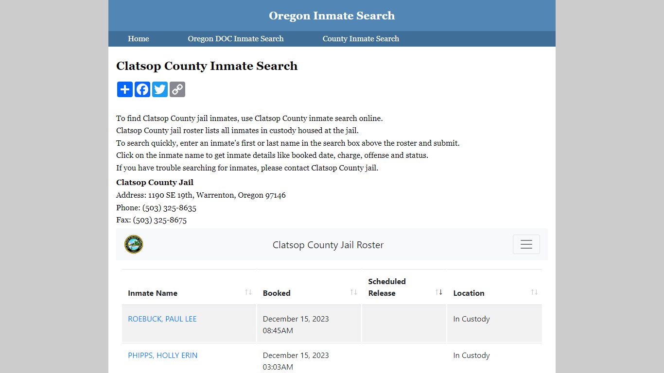 Clatsop County Inmate Search